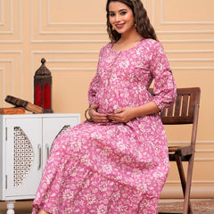 Pink Freel - Maternity Feeding Kurti with Zipper | Cotton Floral Printed Pregnancy & Nursing Dress | Comfortable Maternity Wear for Women | Breastfeeding Kurta Set with Zip | Stylish & Soft