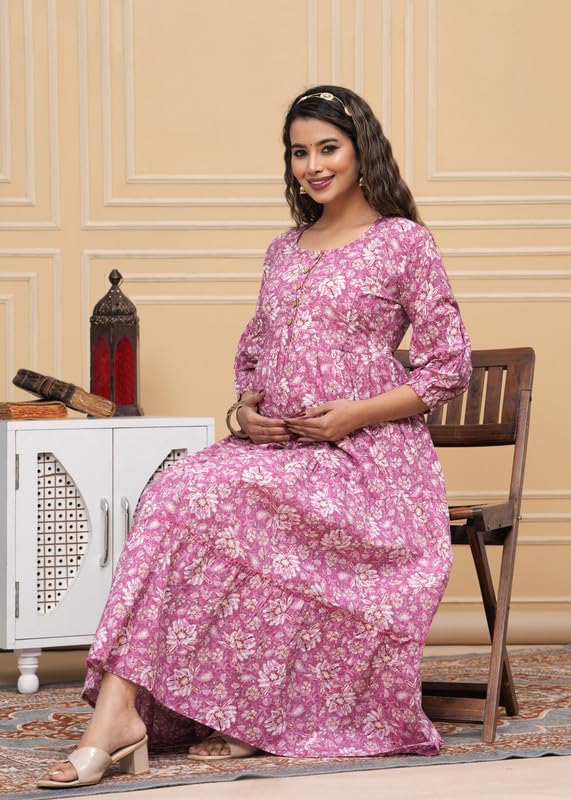 Pink Freel - Maternity Feeding Kurti with Zipper | Cotton Floral Printed Pregnancy & Nursing Dress | Comfortable & Stylish Maternity Wear for Women | Breastfeeding Kurta with Zipper | Soft & Elegant