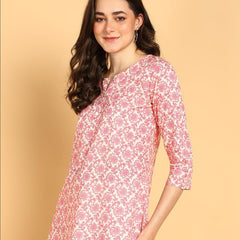 Pink - Women's Floral Printed Cotton Top - Stylish Long Top with Mandarin Collar, Perfect for Jeans, Ideal for Casual & Ethnic Wear