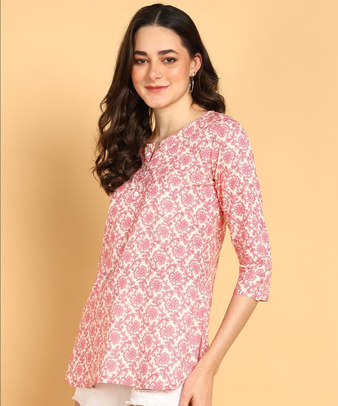 Pink - Women's Floral Printed Cotton Top - Stylish Long Top with Mandarin Collar, Perfect for Jeans, Ideal for Casual & Ethnic Wear