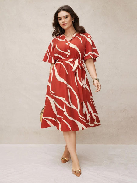 Red - One Piece Dress for Women, New American Print Rayon Midi Dress, Stylish, Modern Party Outfit, Perfect for Casual and Formal Occasions