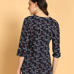 Dark Blue - Women's Floral Printed Cotton Top - Stylish Long Top with Mandarin Collar, Perfect for Jeans, Ideal for Casual & Ethnic Wear