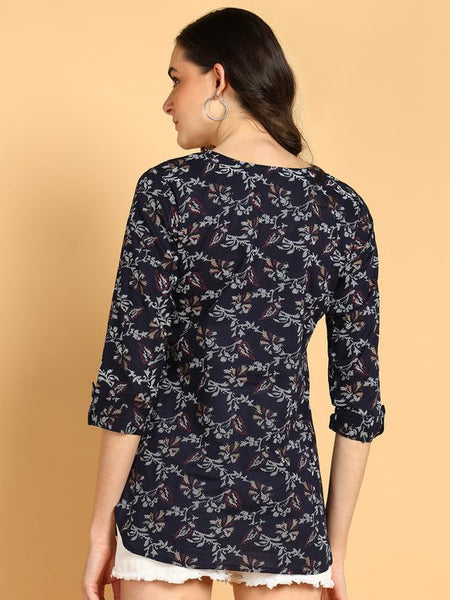 Dark Blue - Women's Floral Printed Cotton Top - Stylish Long Top with Mandarin Collar, Perfect for Jeans, Ideal for Casual & Ethnic Wear