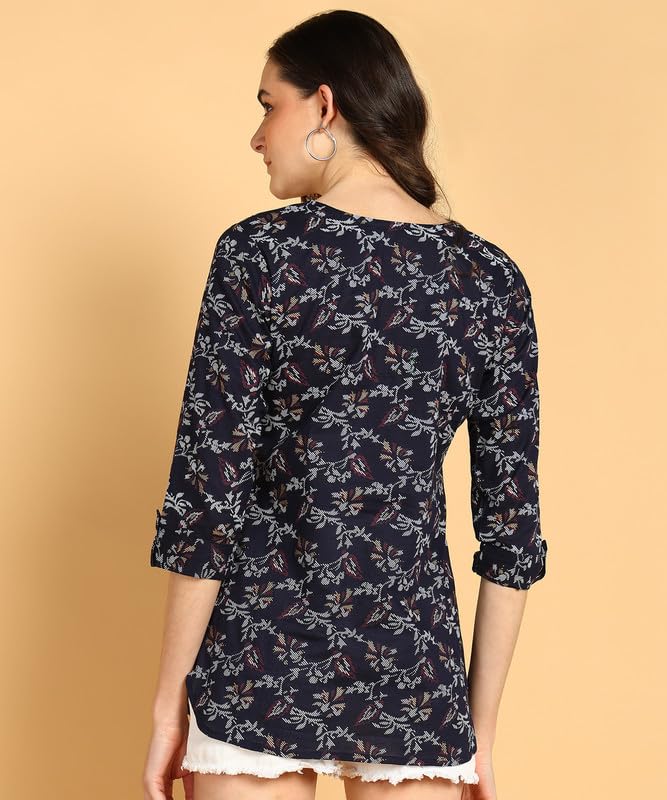 Dark Blue - Women's Floral Printed Cotton Top - Stylish Long Top with Mandarin Collar, Perfect for Jeans, Ideal for Casual & Ethnic Wear