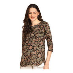 Classy Black - Women's Floral Printed Cotton Top - Stylish Long Top with Mandarin Collar, Perfect for Jeans, Ideal for Casual & Ethnic Wear