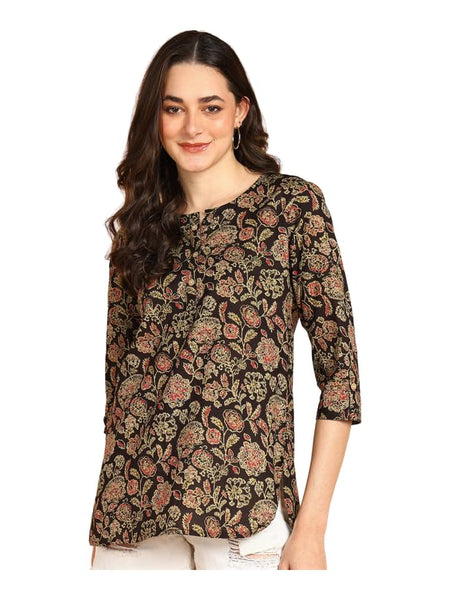 Classy Black - Women's Floral Printed Cotton Top - Stylish Long Top with Mandarin Collar, Perfect for Jeans, Ideal for Casual & Ethnic Wear