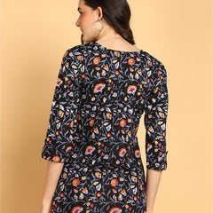 Black - Women's Floral Printed Cotton Top - Stylish Long Top with Mandarin Collar, Perfect for Jeans, Ideal for Casual & Ethnic Wear