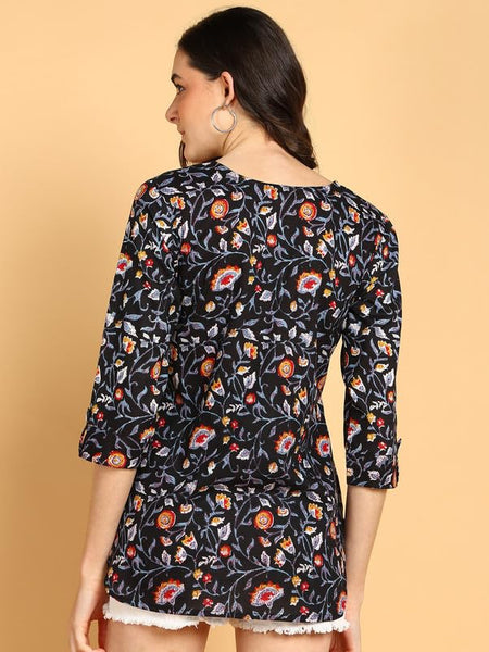 Black - Women's Floral Printed Cotton Top - Stylish Long Top with Mandarin Collar, Perfect for Jeans, Ideal for Casual & Ethnic Wear