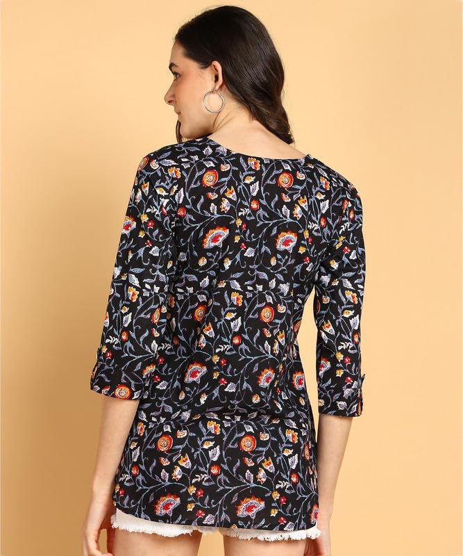 Black - Women's Floral Printed Cotton Top - Stylish Long Top with Mandarin Collar, Perfect for Jeans, Ideal for Casual & Ethnic Wear