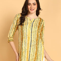 Yellow Multi - Women's Floral Printed Cotton Top - Stylish Long Top with Mandarin Collar, Perfect for Jeans, Ideal for Casual & Ethnic Wear