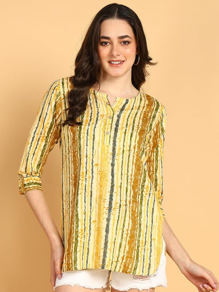 Yellow Multi - Women's Floral Printed Cotton Top - Stylish Long Top with Mandarin Collar, Perfect for Jeans, Ideal for Casual & Ethnic Wear