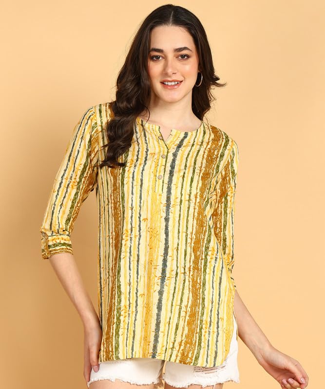 Yellow Multi - Women's Floral Printed Cotton Top - Stylish Long Top with Mandarin Collar, Perfect for Jeans, Ideal for Casual & Ethnic Wear