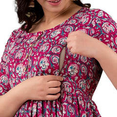 Wine - JAIPURFAME Maternity Feeding Kurti with Zipper | Cotton Floral Printed Pregnancy & Nursing Dress | Comfortable & Stylish Maternity Wear for Women | Breastfeeding Kurta with Zipper | Soft & Elegant