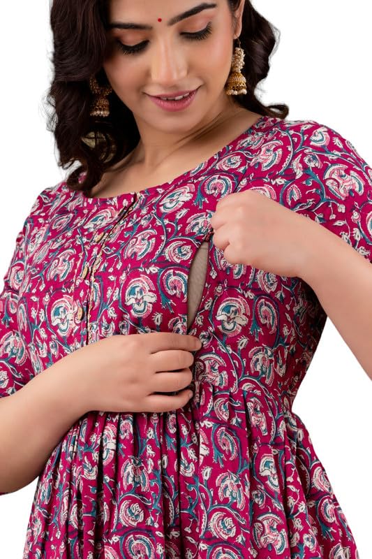 Wine - Maternity Feeding Kurti with Zipper | Cotton Floral Printed Pregnancy & Nursing Dress | Comfortable Maternity Wear for Women | Breastfeeding Kurta Set with Zip | Stylish & Soft