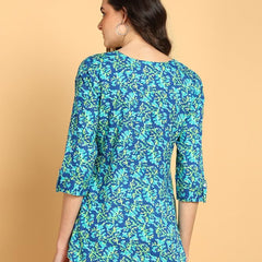 Sky Blue1 - Women's Floral Printed Cotton Top - Stylish Long Top with Mandarin Collar, Perfect for Jeans, Ideal for Casual & Ethnic Wear