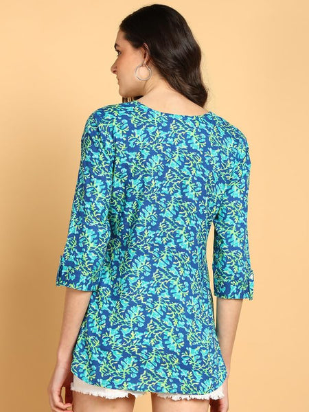 Sky Blue1 - Women's Floral Printed Cotton Top - Stylish Long Top with Mandarin Collar, Perfect for Jeans, Ideal for Casual & Ethnic Wear