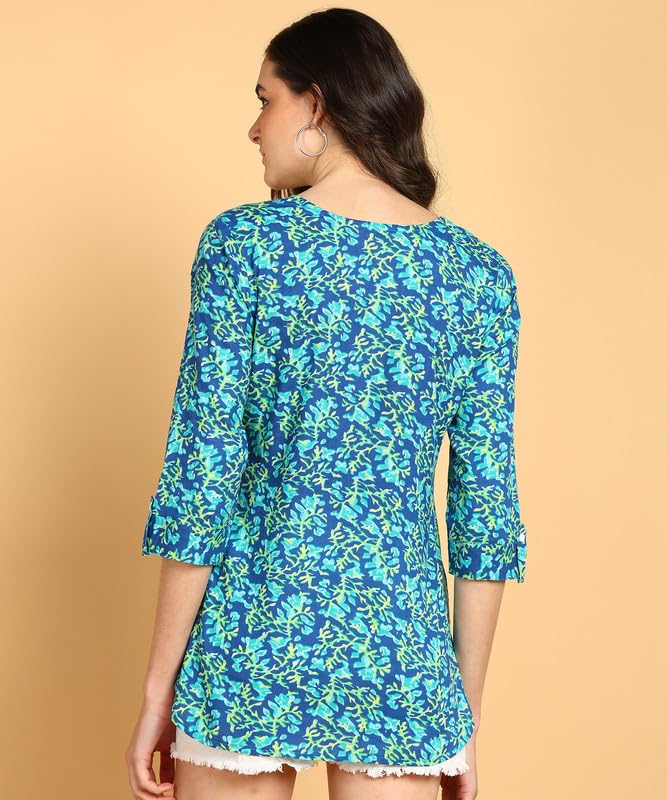 Sky Blue1 - Women's Floral Printed Cotton Top - Stylish Long Top with Mandarin Collar, Perfect for Jeans, Ideal for Casual & Ethnic Wear