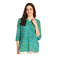 Green - Women's Floral Printed Cotton Top - Stylish Long Top with Mandarin Collar, Perfect for Jeans, Ideal for Casual & Ethnic Wear