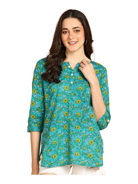 Green - Women's Floral Printed Cotton Top - Stylish Long Top with Mandarin Collar, Perfect for Jeans, Ideal for Casual & Ethnic Wear