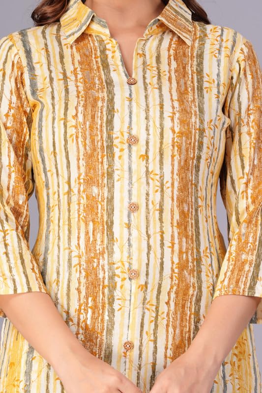 Yellow - Women's Cotton Kurta | Elegant Rust Stripe Collar-Neck Kurta | Perfect Blend of Comfort & Style | Suitable for Party & Casual Wear