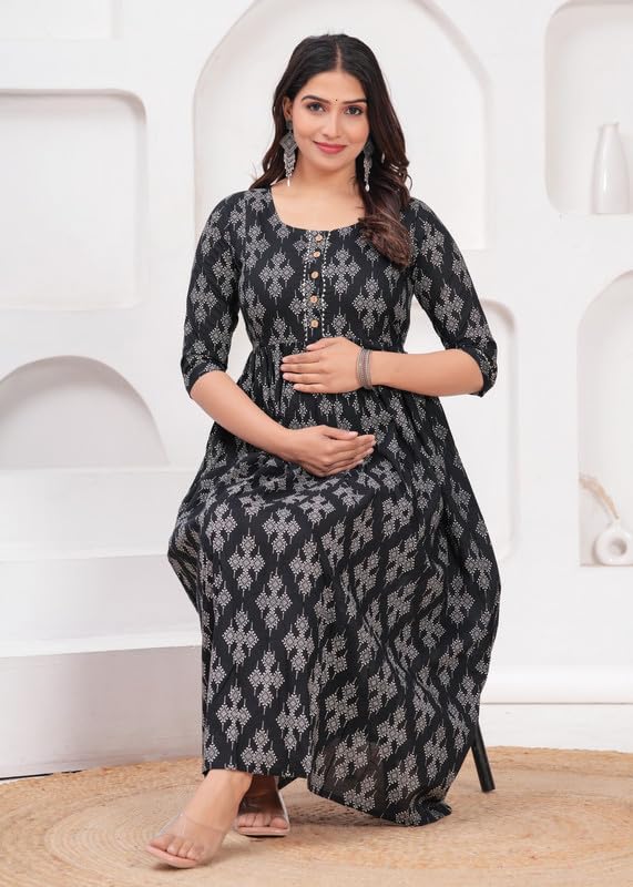 Black - Maternity Feeding Kurti with Zipper | Cotton Floral Printed Pregnancy & Nursing Dress | Comfortable & Stylish Maternity Wear for Women | Breastfeeding Kurta with Zipper | Soft & Elegant