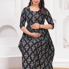 Black - Maternity Feeding Kurti with Zipper | Cotton Floral Printed Pregnancy & Nursing Dress | Comfortable & Stylish Maternity Wear for Women | Breastfeeding Kurta with Zipper | Soft & Elegant
