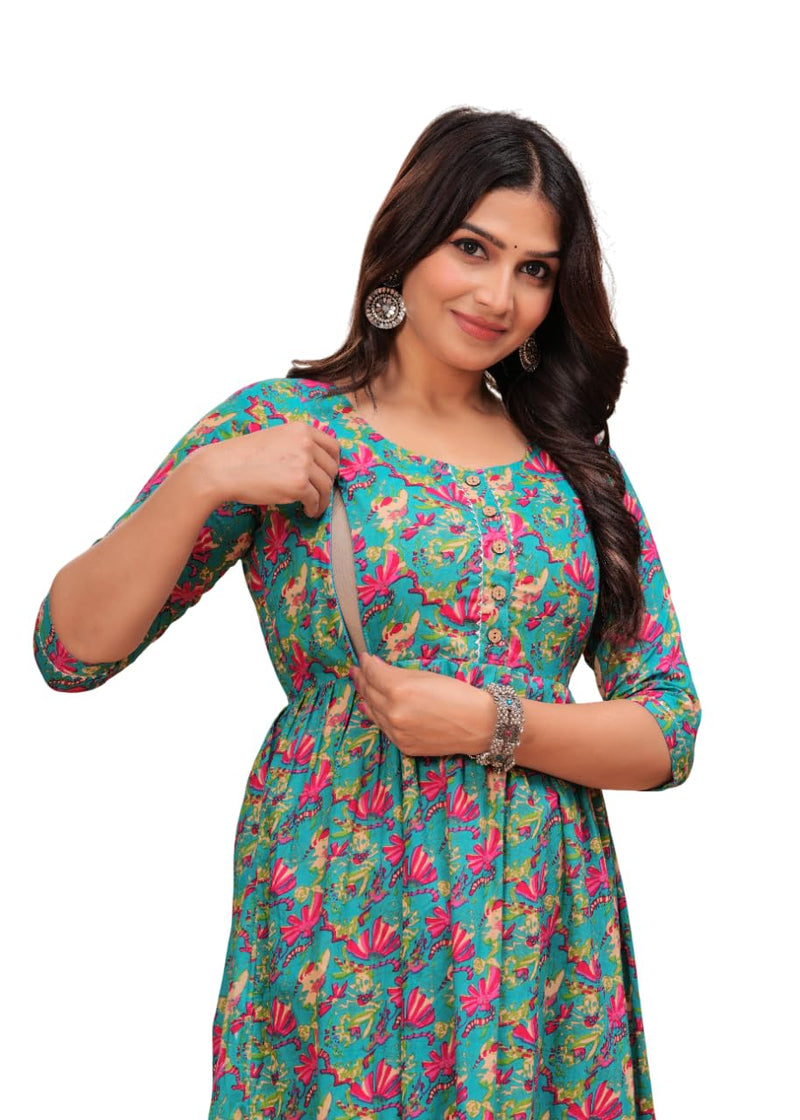 Green Blue Floral - Maternity Feeding Kurti with Zipper | Cotton Floral Printed Pregnancy & Nursing Dress | Comfortable Maternity Wear for Women | Breastfeeding Kurta Set with Zip | Stylish & Soft