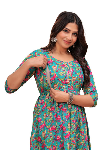Green Blue Floral - Maternity Feeding Kurti with Zipper | Cotton Floral Printed Pregnancy & Nursing Dress | Comfortable Maternity Wear for Women | Breastfeeding Kurta Set with Zip | Stylish & Soft