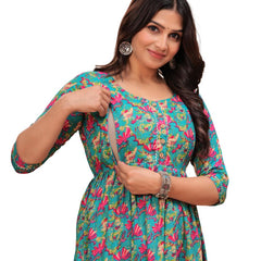 Green Blue Floral - Maternity Feeding Kurti with Zipper | Cotton Floral Printed Pregnancy & Nursing Dress | Comfortable & Stylish Maternity Wear for Women | Breastfeeding Kurta with Zipper | Soft & Elegant