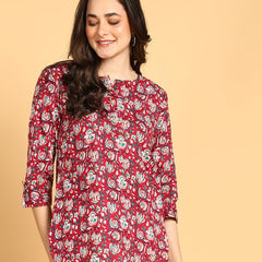 Wain - Women's Floral Printed Cotton Top - Stylish Long Top with Mandarin Collar, Perfect for Jeans, Ideal for Casual & Ethnic Wear