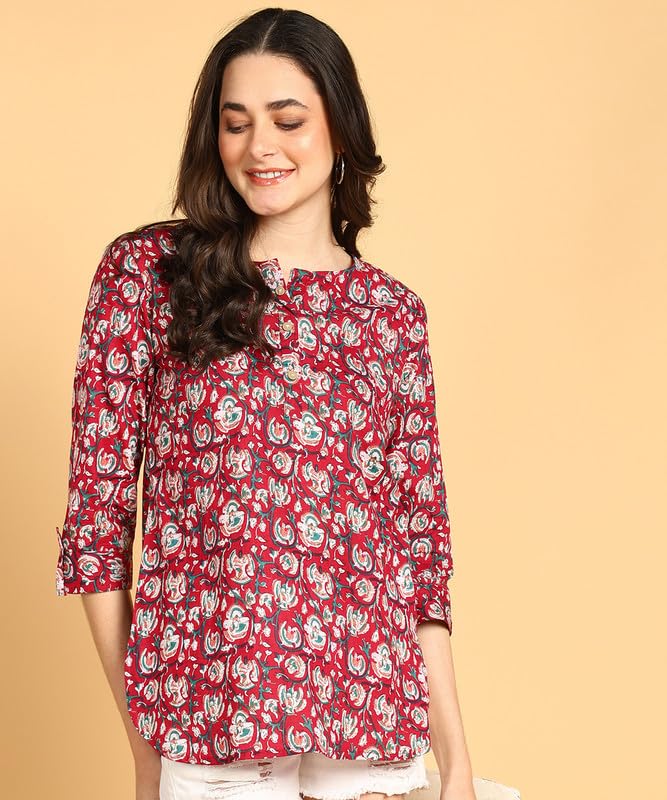 Wain - Women's Floral Printed Cotton Top - Stylish Long Top with Mandarin Collar, Perfect for Jeans, Ideal for Casual & Ethnic Wear