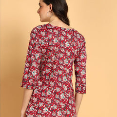 Wain - Women's Floral Printed Cotton Top - Stylish Long Top with Mandarin Collar, Perfect for Jeans, Ideal for Casual & Ethnic Wear
