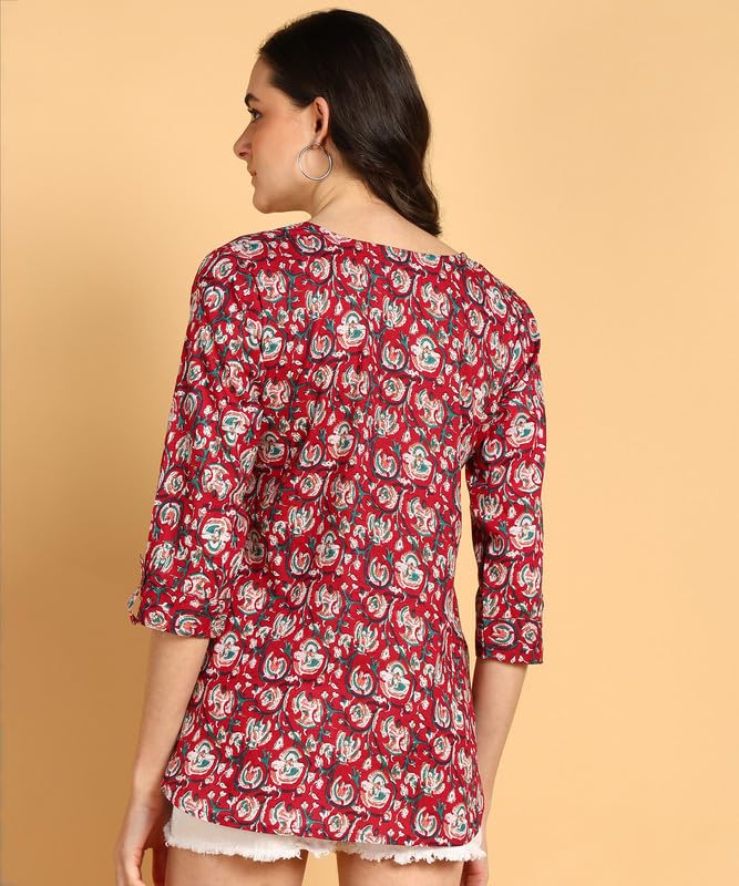 Wain - Women's Floral Printed Cotton Top - Stylish Long Top with Mandarin Collar, Perfect for Jeans, Ideal for Casual & Ethnic Wear