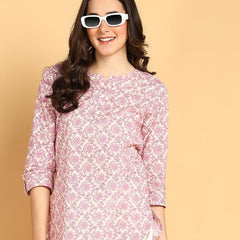 Purple - Women's Floral Printed Cotton Top - Stylish Long Top with Mandarin Collar, Perfect for Jeans, Ideal for Casual & Ethnic Wear