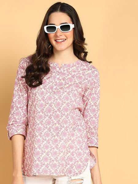 Purple - Women's Floral Printed Cotton Top - Stylish Long Top with Mandarin Collar, Perfect for Jeans, Ideal for Casual & Ethnic Wear