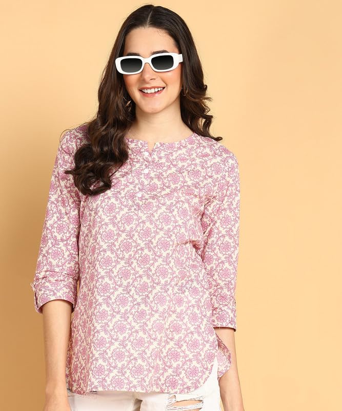 Purple - Women's Floral Printed Cotton Top - Stylish Long Top with Mandarin Collar, Perfect for Jeans, Ideal for Casual & Ethnic Wear
