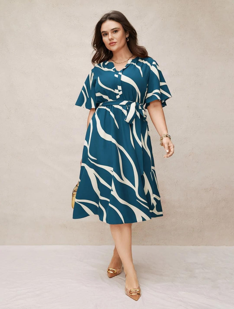 Blue - One Piece Dress for Women, New American Print Rayon Midi Dress, Stylish, Modern Party Outfit, Perfect for Casual and Formal Occasions