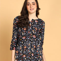Black - Women's Floral Printed Cotton Top - Stylish Long Top with Mandarin Collar, Perfect for Jeans, Ideal for Casual & Ethnic Wear