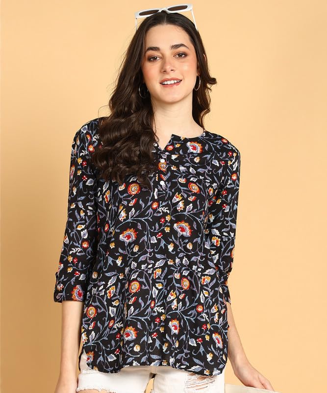 Black - Women's Floral Printed Cotton Top - Stylish Long Top with Mandarin Collar, Perfect for Jeans, Ideal for Casual & Ethnic Wear
