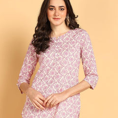 Purple - Women's Floral Printed Cotton Top - Stylish Long Top with Mandarin Collar, Perfect for Jeans, Ideal for Casual & Ethnic Wear