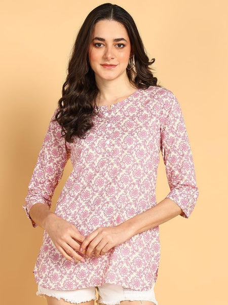Purple - Women's Floral Printed Cotton Top - Stylish Long Top with Mandarin Collar, Perfect for Jeans, Ideal for Casual & Ethnic Wear