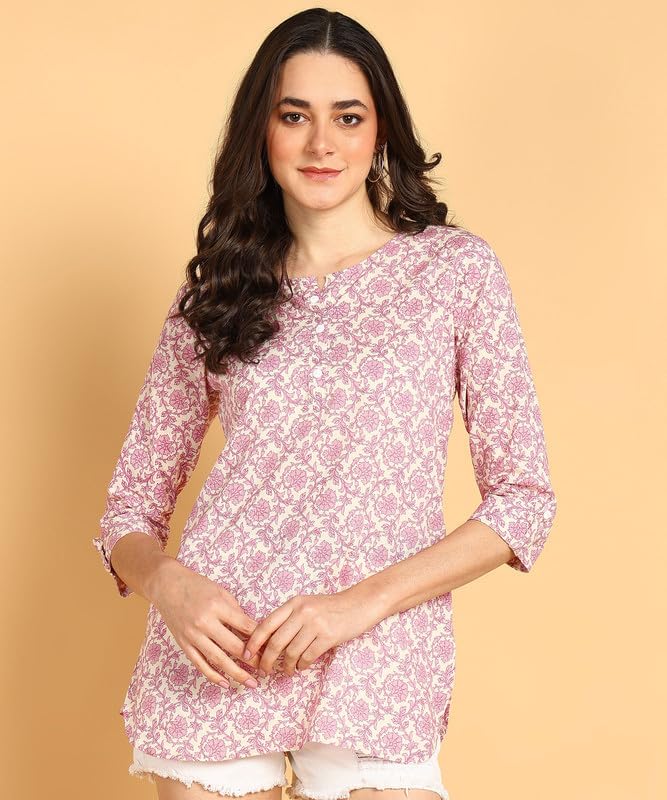Purple - Women's Floral Printed Cotton Top - Stylish Long Top with Mandarin Collar, Perfect for Jeans, Ideal for Casual & Ethnic Wear