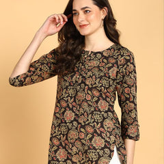 Classy Black - Women's Floral Printed Cotton Top - Stylish Long Top with Mandarin Collar, Perfect for Jeans, Ideal for Casual & Ethnic Wear