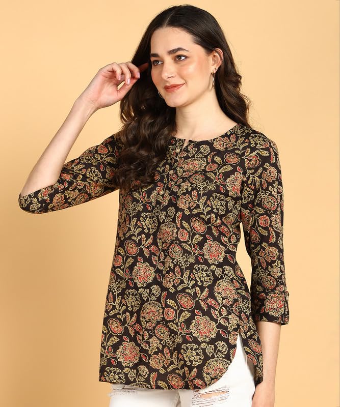 Classy Black - Women's Floral Printed Cotton Top - Stylish Long Top with Mandarin Collar, Perfect for Jeans, Ideal for Casual & Ethnic Wear