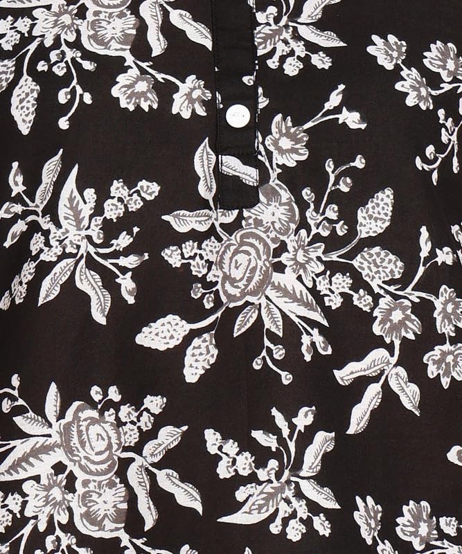 Black1 - Women's Floral Printed Cotton Top - Stylish Long Top with Mandarin Collar, Perfect for Jeans, Ideal for Casual & Ethnic Wear