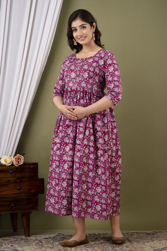 Wine - Maternity Feeding Kurti with Zipper | Cotton Floral Printed Pregnancy & Nursing Dress | Comfortable Maternity Wear for Women | Breastfeeding Kurta Set with Zip | Stylish & Soft