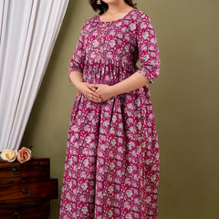 Wine - JAIPURFAME Maternity Feeding Kurti with Zipper | Cotton Floral Printed Pregnancy & Nursing Dress | Comfortable & Stylish Maternity Wear for Women | Breastfeeding Kurta with Zipper | Soft & Elegant