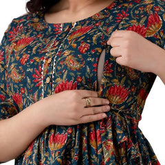 Nevy Blue - JAIPURFAME Maternity Feeding Kurti with Zipper | Floral Handblock Printed Cotton Maternity & Nursing Maxi Dress