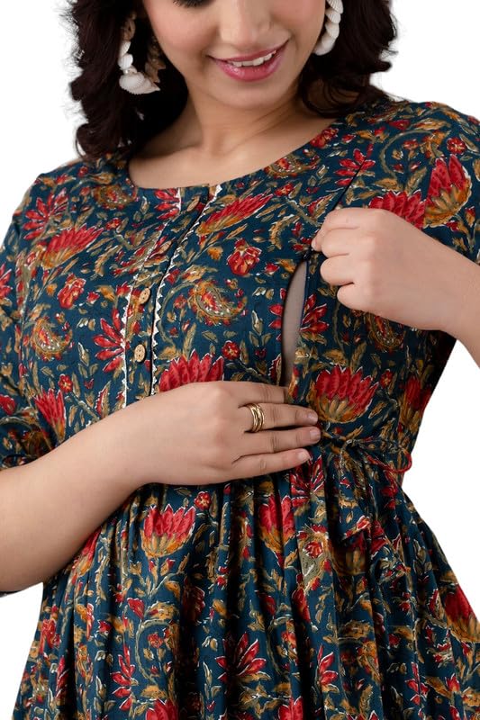Nevy Blue - Maternity Feeding Kurti with Zipper | Cotton Floral Printed Pregnancy & Nursing Dress | Comfortable Maternity Wear for Women | Breastfeeding Kurta Set with Zip | Stylish & Soft