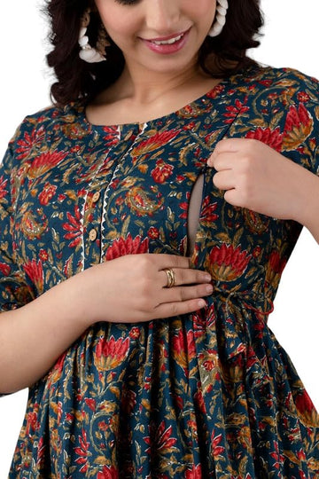 Nevy Blue - Maternity Feeding Kurti with Zipper | Cotton Floral Printed Pregnancy & Nursing Dress | Comfortable Maternity Wear for Women | Breastfeeding Kurta Set with Zip | Stylish & Soft
